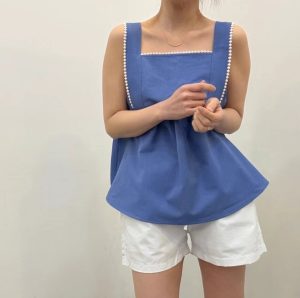 高級質感圓點刺繡滾邊調節式肩帶無袖上衣 - Image 2