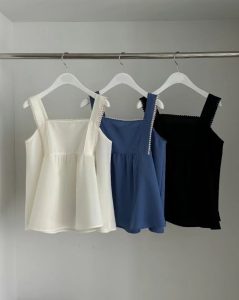 高級質感圓點刺繡滾邊調節式肩帶無袖上衣 - Image 12