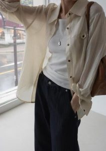 夏天溫柔色系撞色扣子襯衫 - Image 5