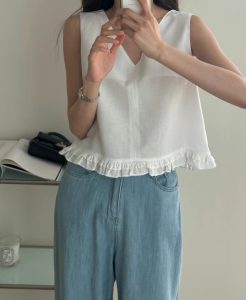 穿了變可愛~下擺荷葉V領短版背心(亞麻+縲縈) - Image 2